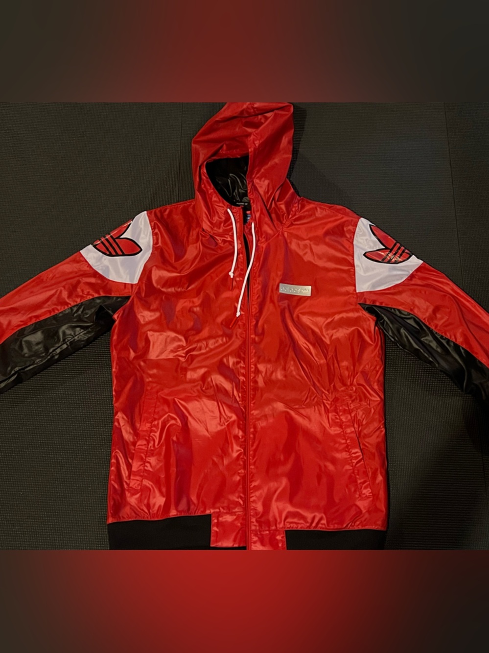 adidas Red Hooded Windbreaker Jacket with Black and White Accents